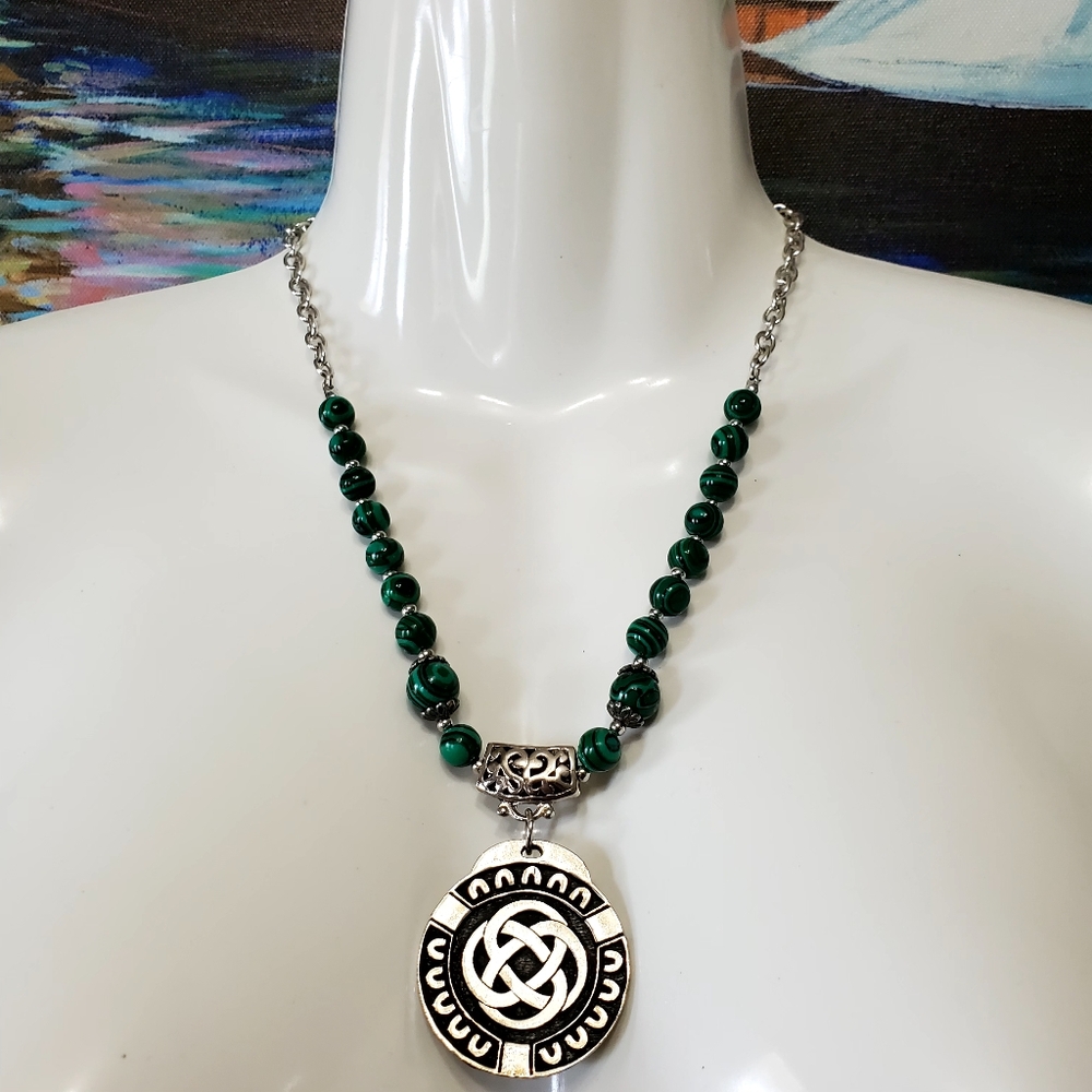 Green Beaded Malachite Silvertone Chain Necklace Celtic Pendant marked CM
